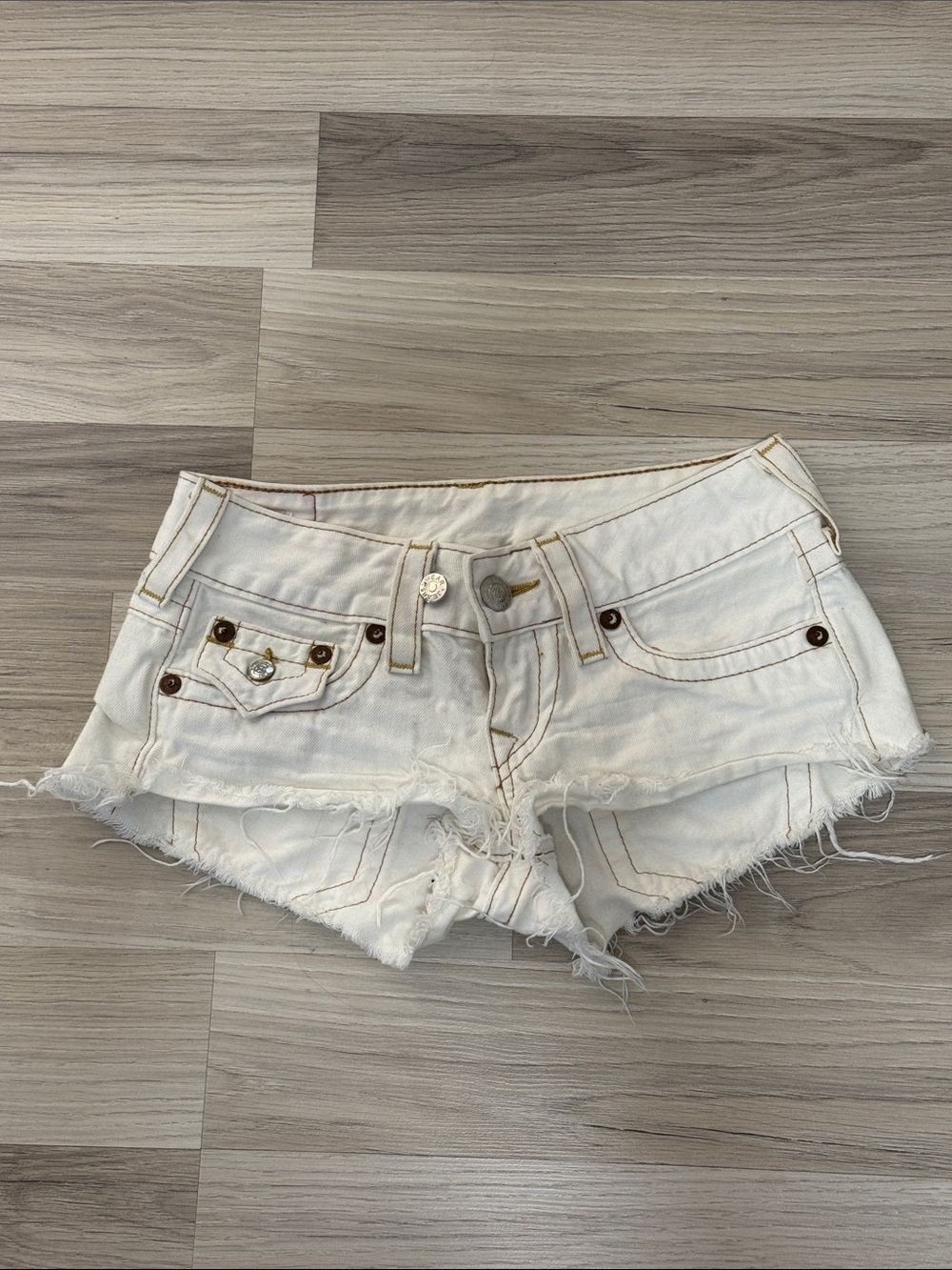 True Religion White Distressed Denim Cutoff Shorts Joey cut off